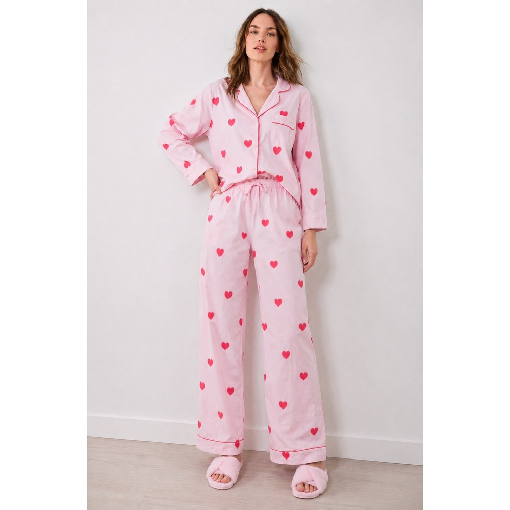 PRINTFRESH Queen of Hearts Organic Cotton Pajama 2pc Set Sleepwear Pink Red Sz L